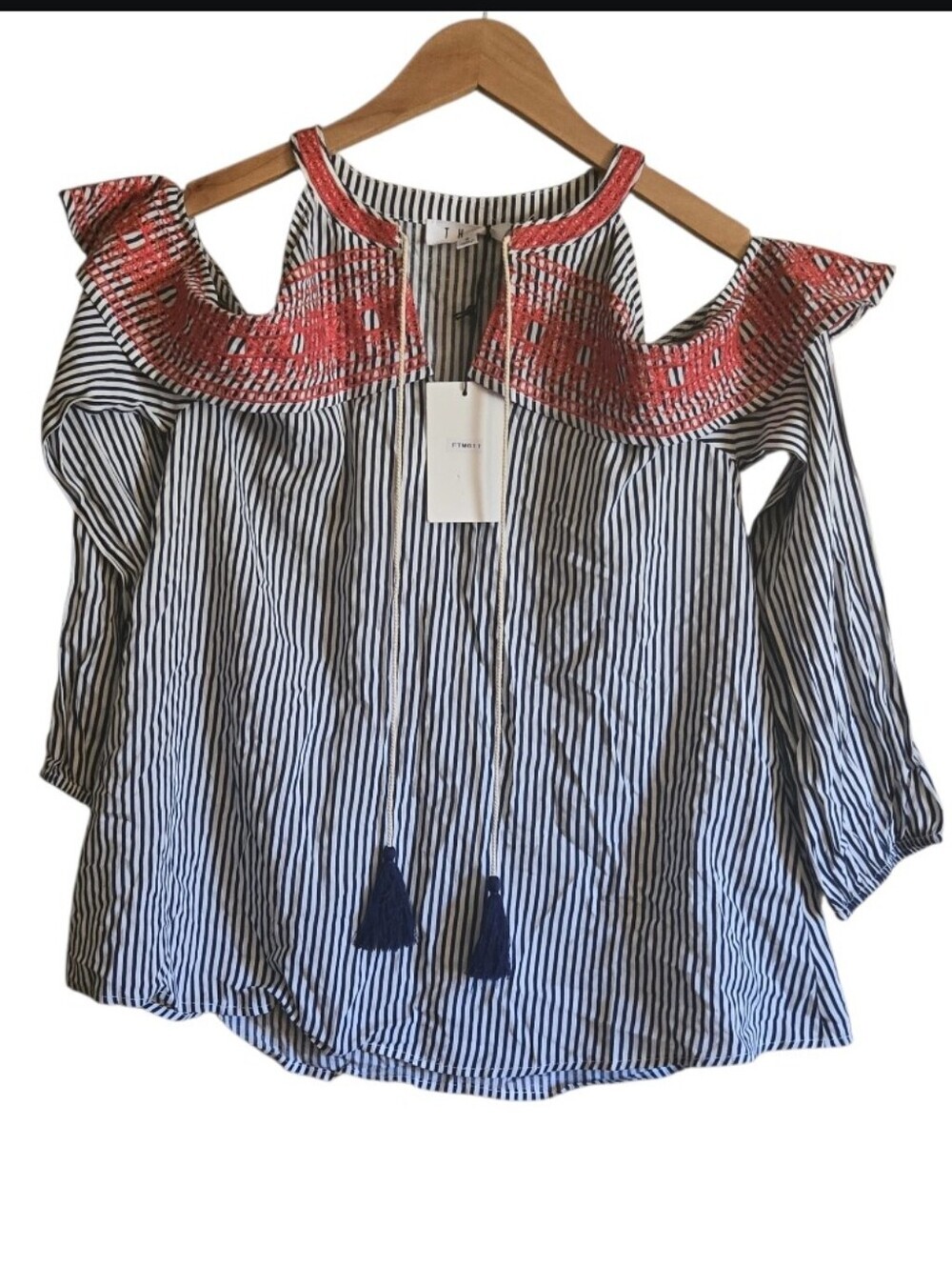 THML Striped Embroidered Cold Shoulder Top